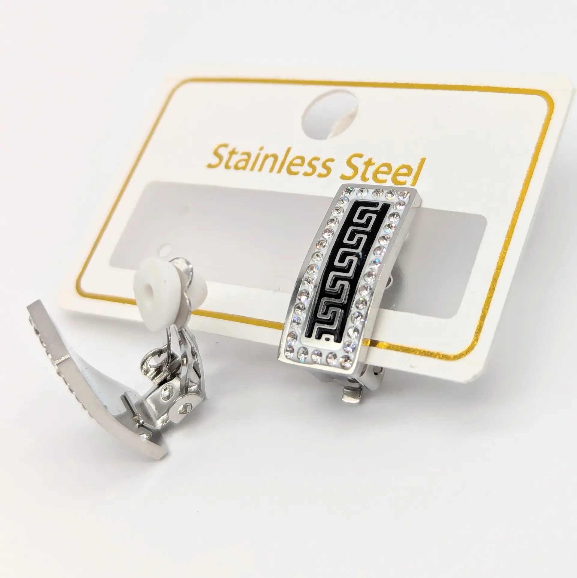 Сережки Stainless Steel срібні «Чорний Меандр», 0.8*1.8 см