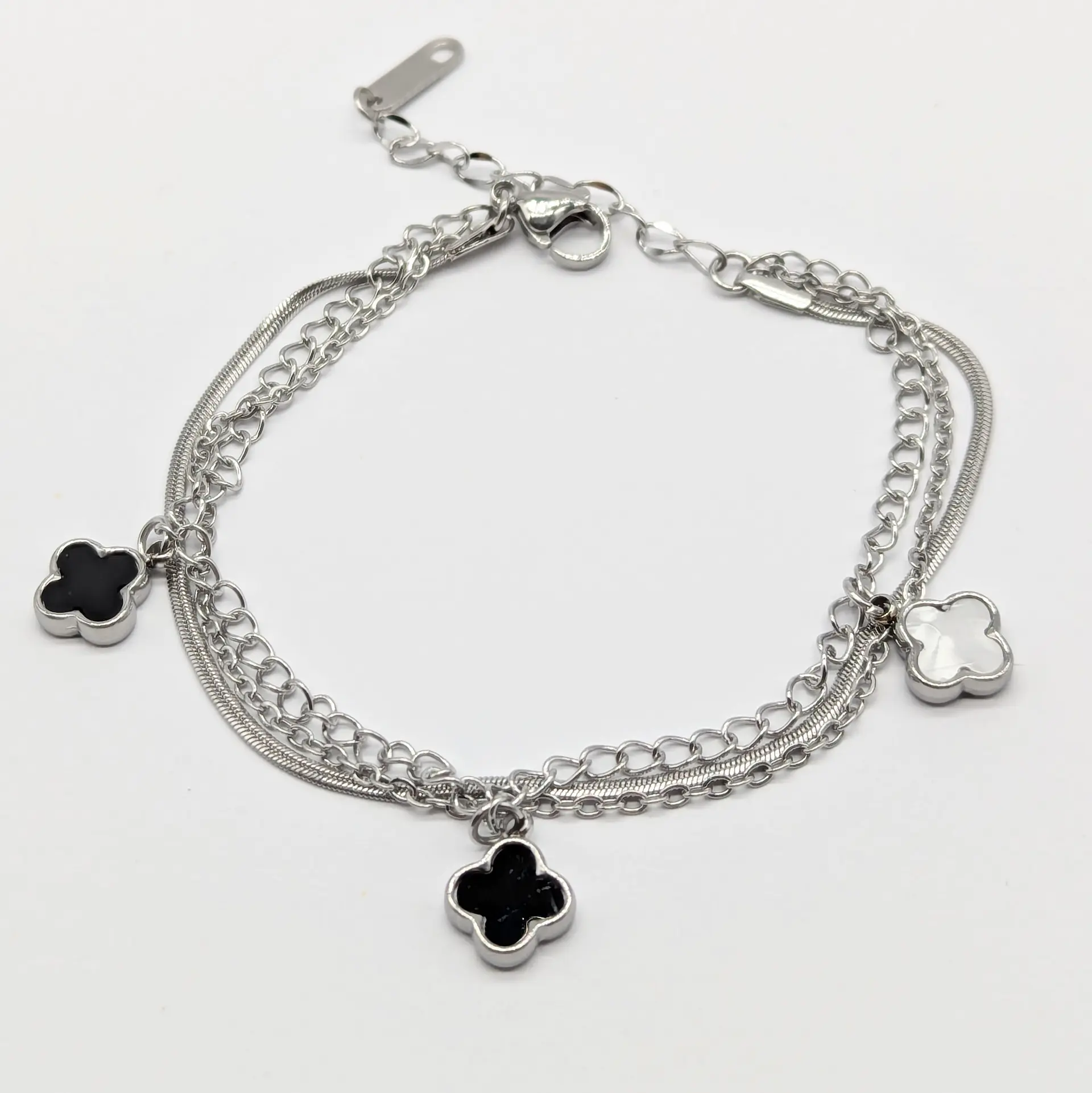 Браслет Stainless Steel срібло «Чорна Конюшина», 17+4 см