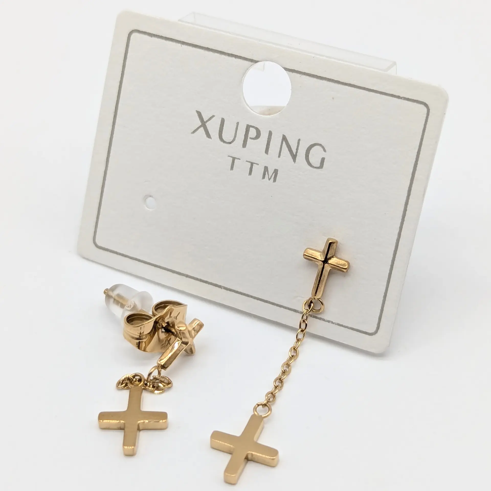 Серьги Xuping TTM 14К «Двойной Крест», 0.7*3 см